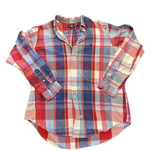 Vtg 90s Ralph Lauren Blue Label Red Plaid Soft Cotton Shirt XL Long Sleeve